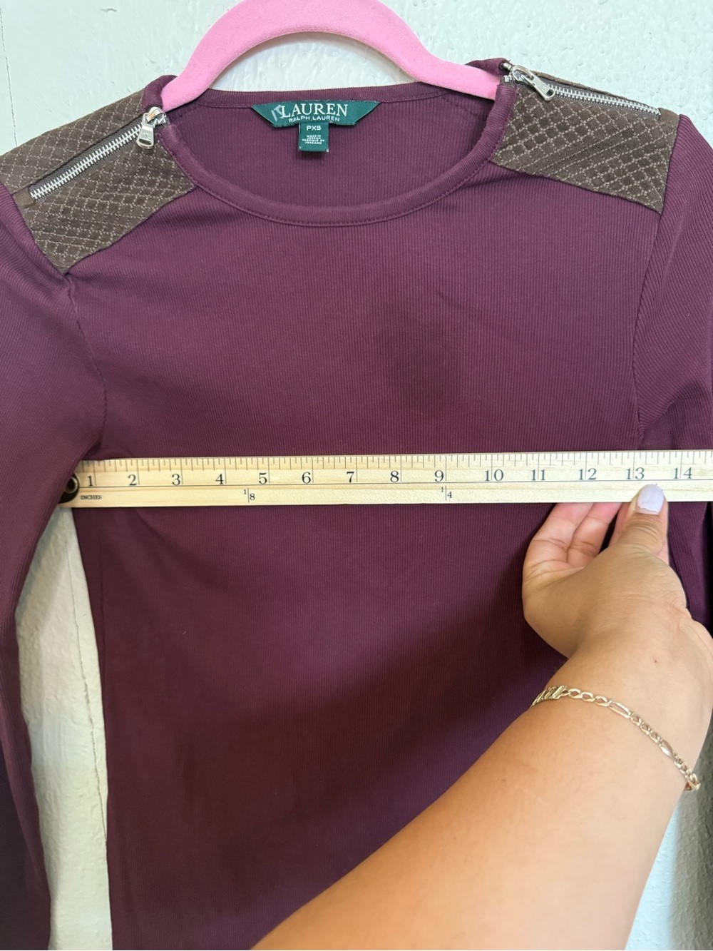 Lauren by Ralph Lauren Maroon Long Sleeve Top with Zip Shoulder Detail size XS